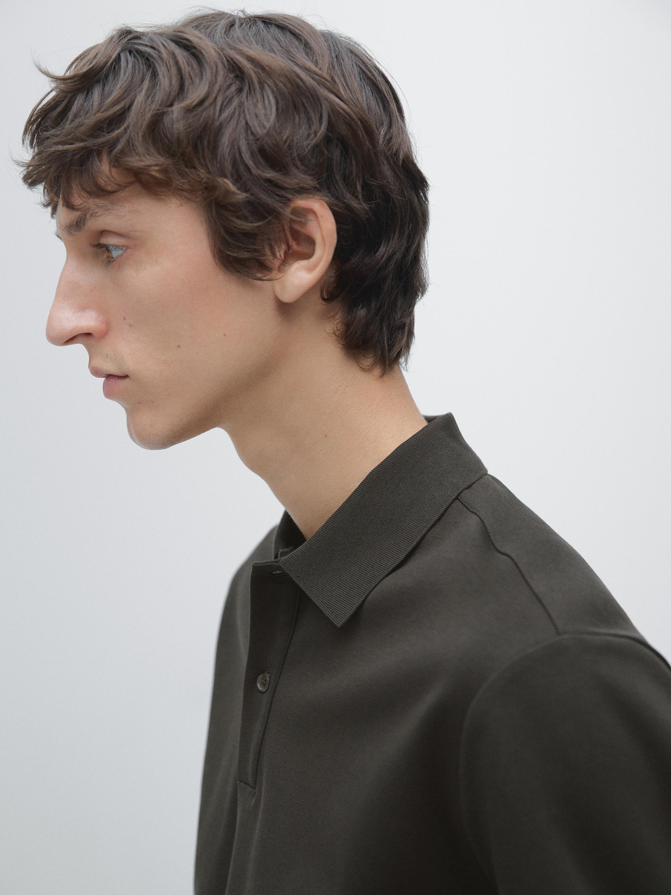 Long sleeve polo shirt with ribbed detail